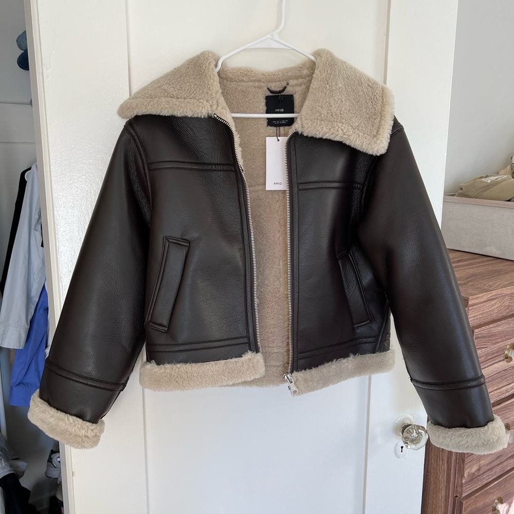 Mango Faux Brown Leather Jacket with Shearling Lining